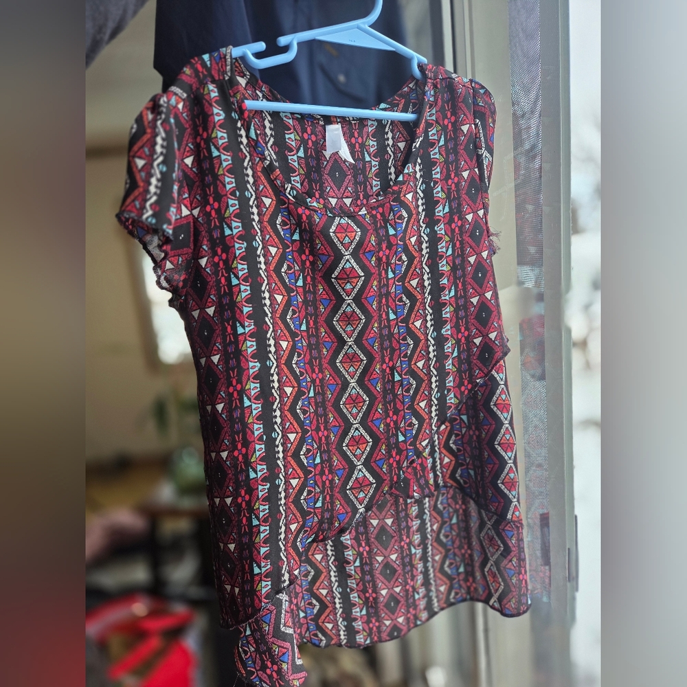 2 Dye 4 Cap Sleeve Blouse Geometric Patterned Boho Women's Festival Top Small